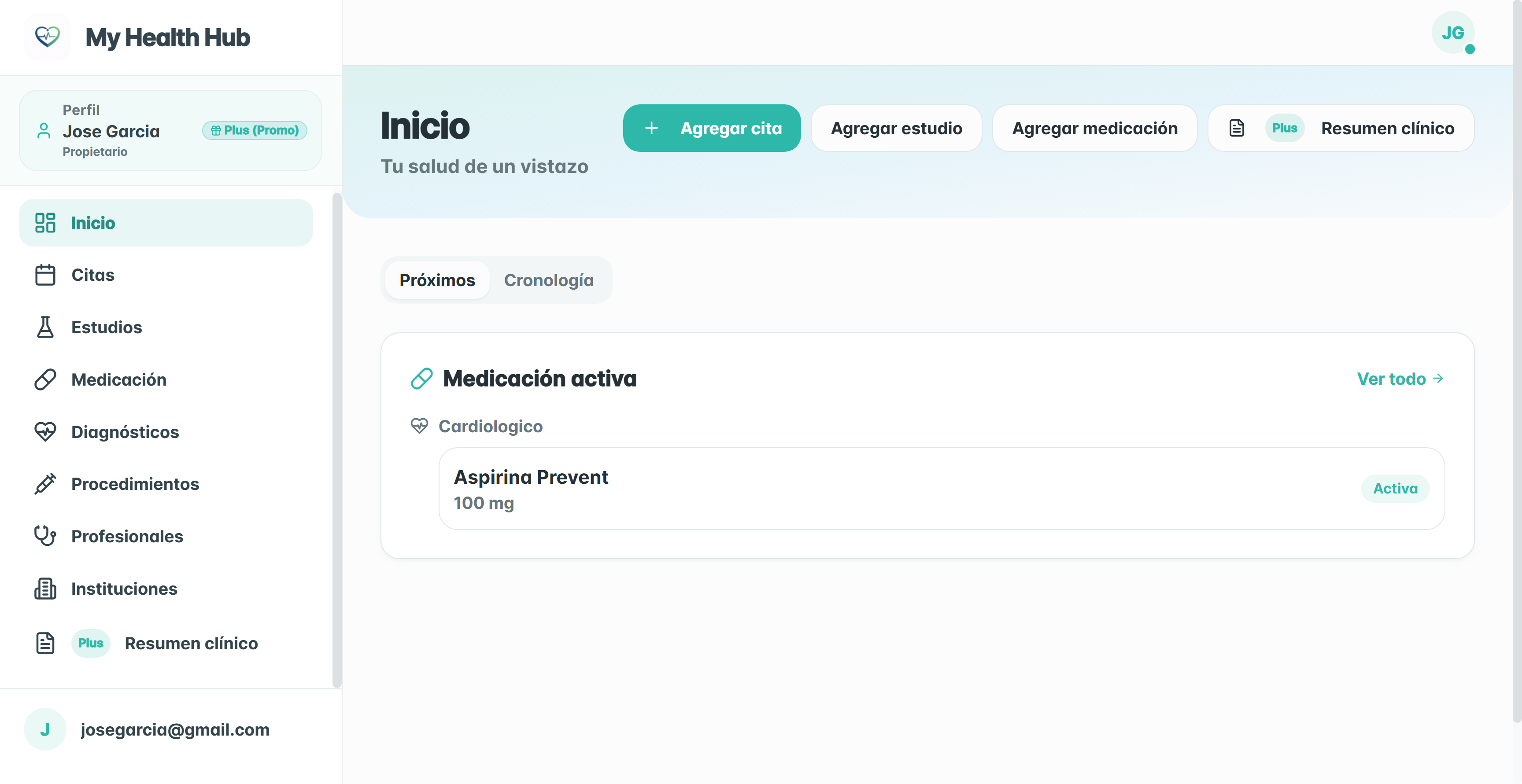 Vista de inicio de MyHealthHub