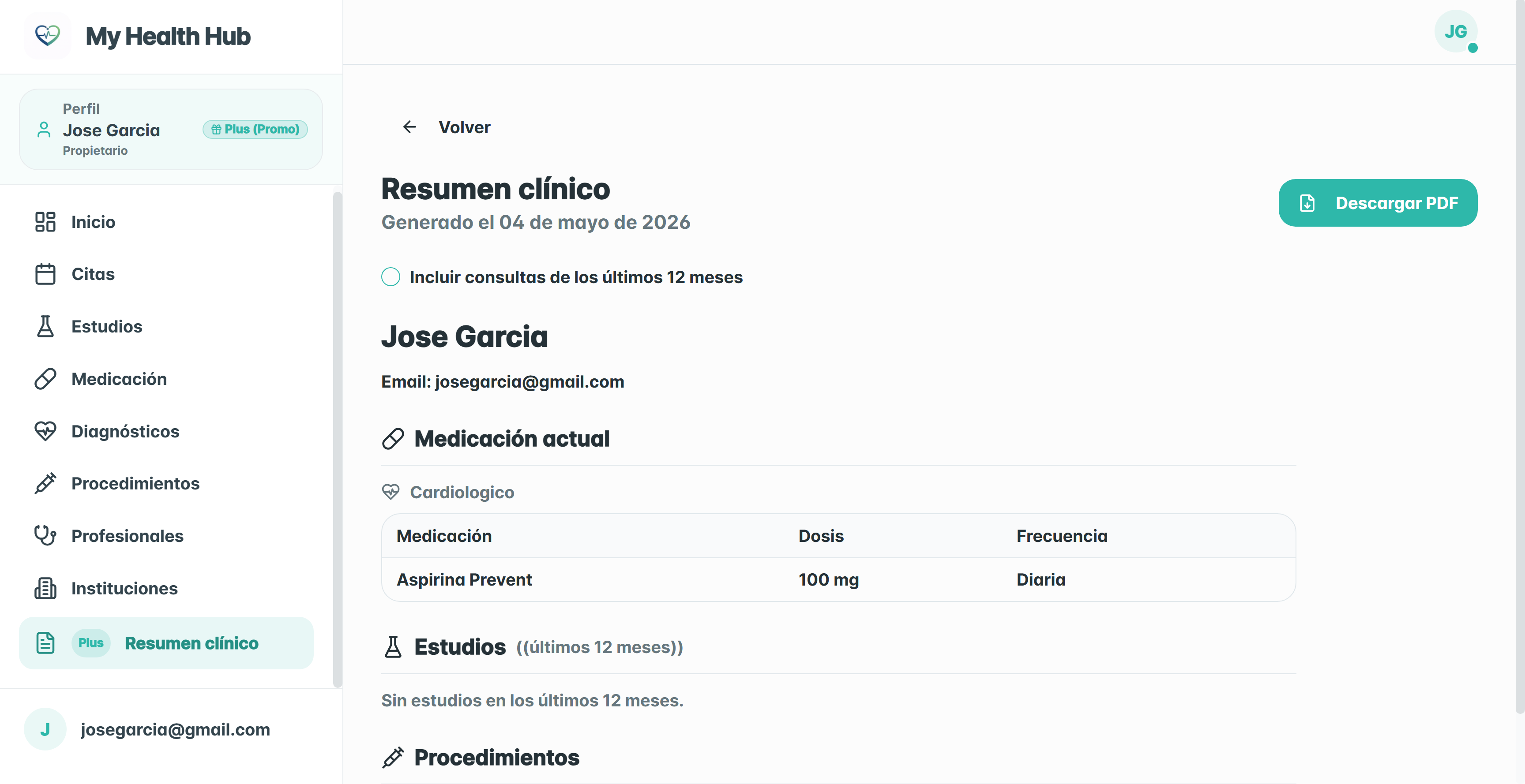 Resumen clínico personal en MyHealthHub